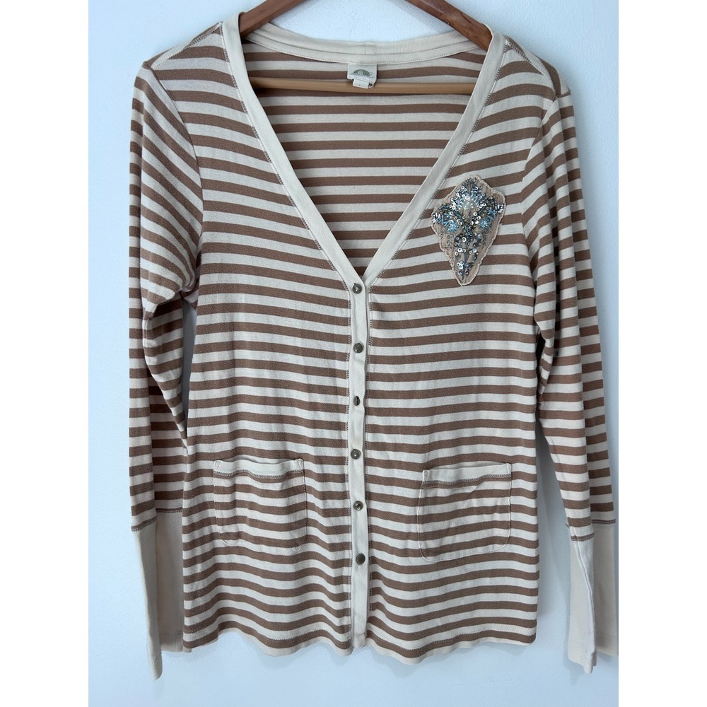 Anthropologie Tiny Tan Striped Sequin Butterfly Cardigan Sz L Y2K 90s Bella Boho